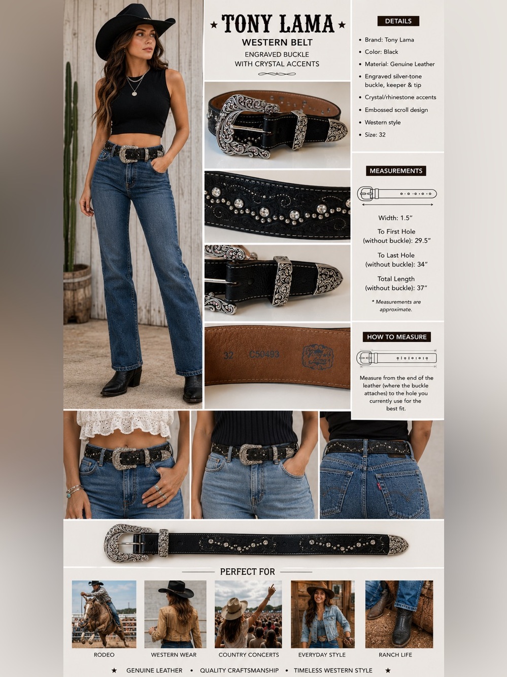 Tony Lama Black Leather Western Belt Crystal Silver Buckle Size 32 1.5" Wide